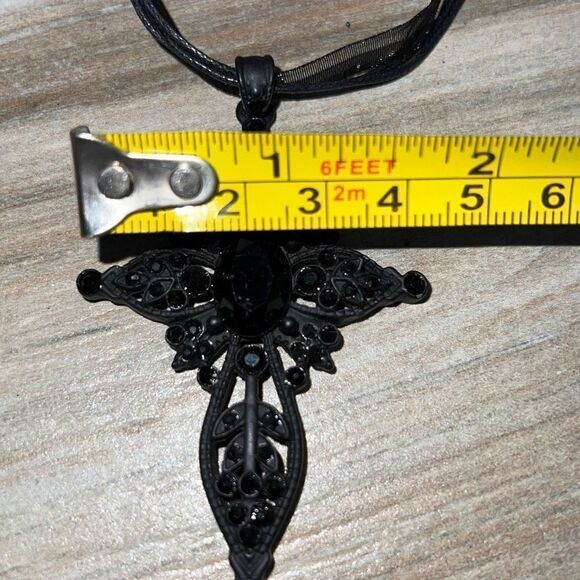Necklace Pendant, All black, Beaded, Cross pendant On Cord - Picture 4 of 7